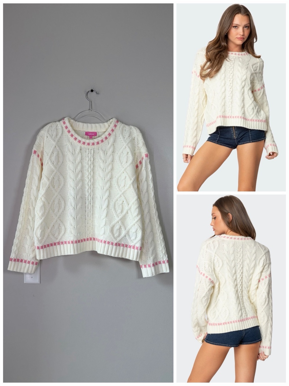 Edikted Eleni Chunky Cable Knit Sweater with Pink Trim
